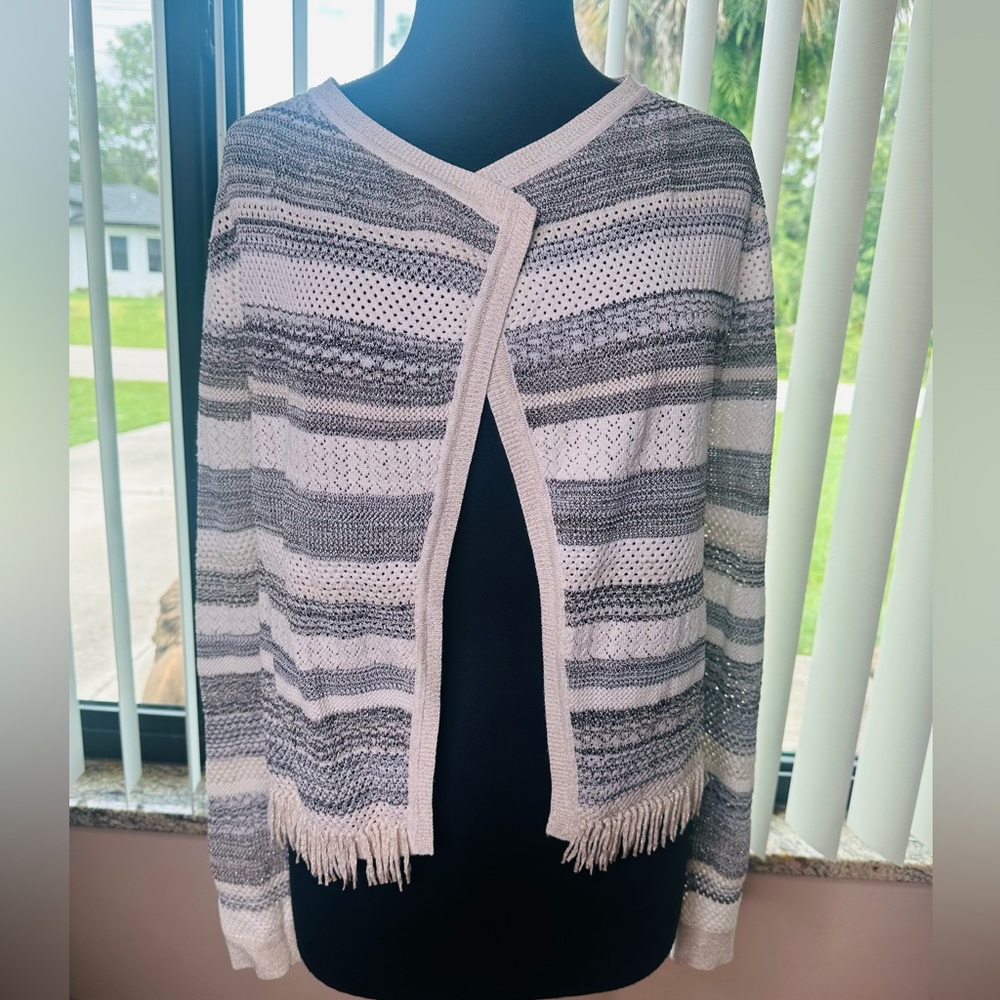 WHBM Sweater Cardigan Gray Ivory Metallic Stripe Fringe Boxy Size Medium